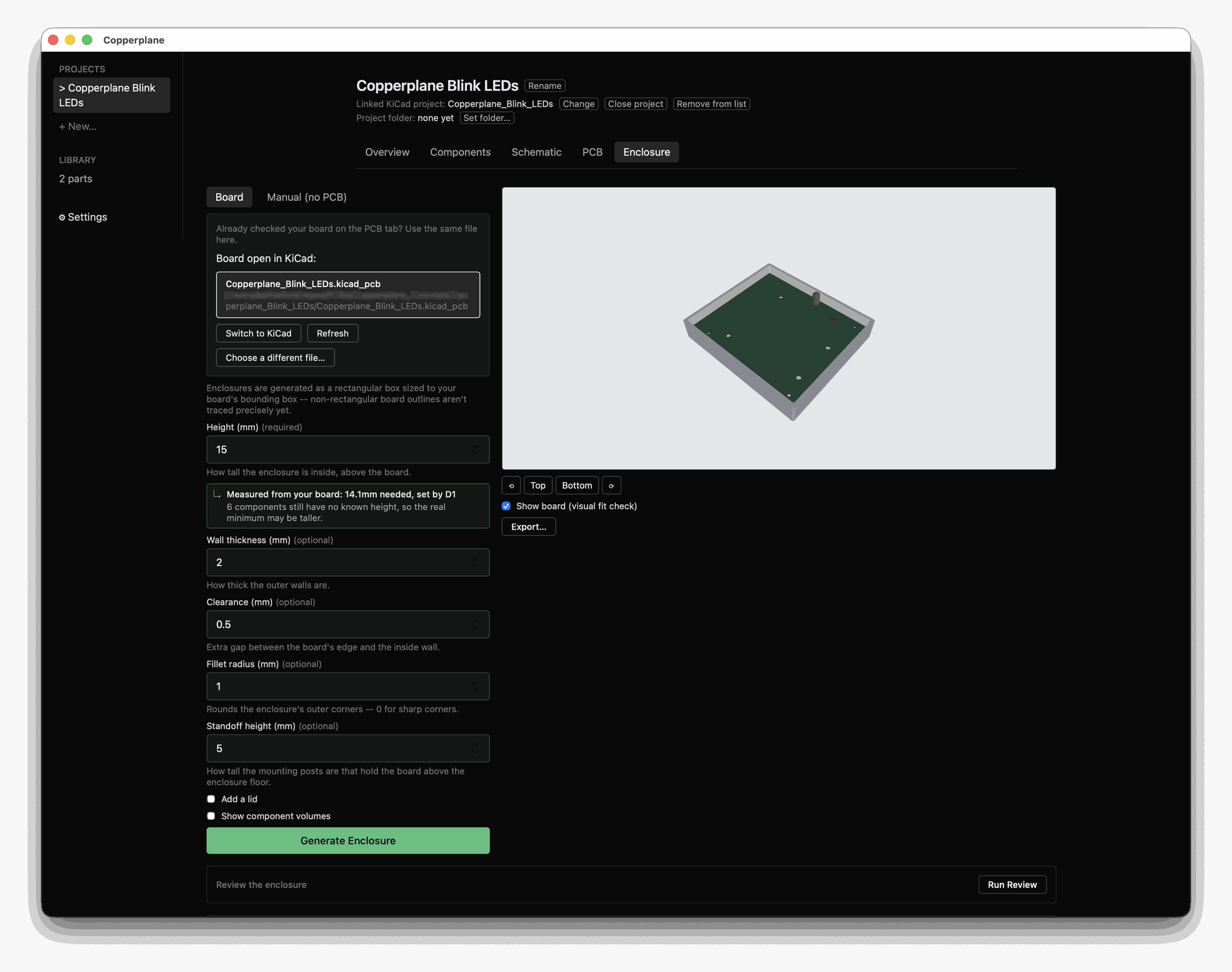 The generated enclosure, with the board seated inside it