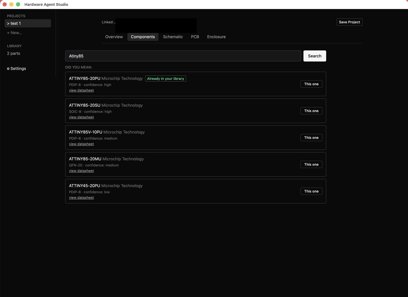 Component search results