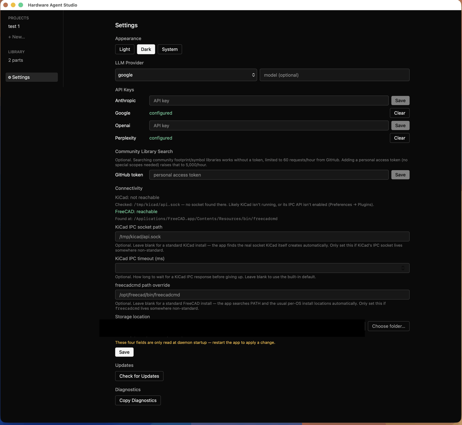The Settings screen